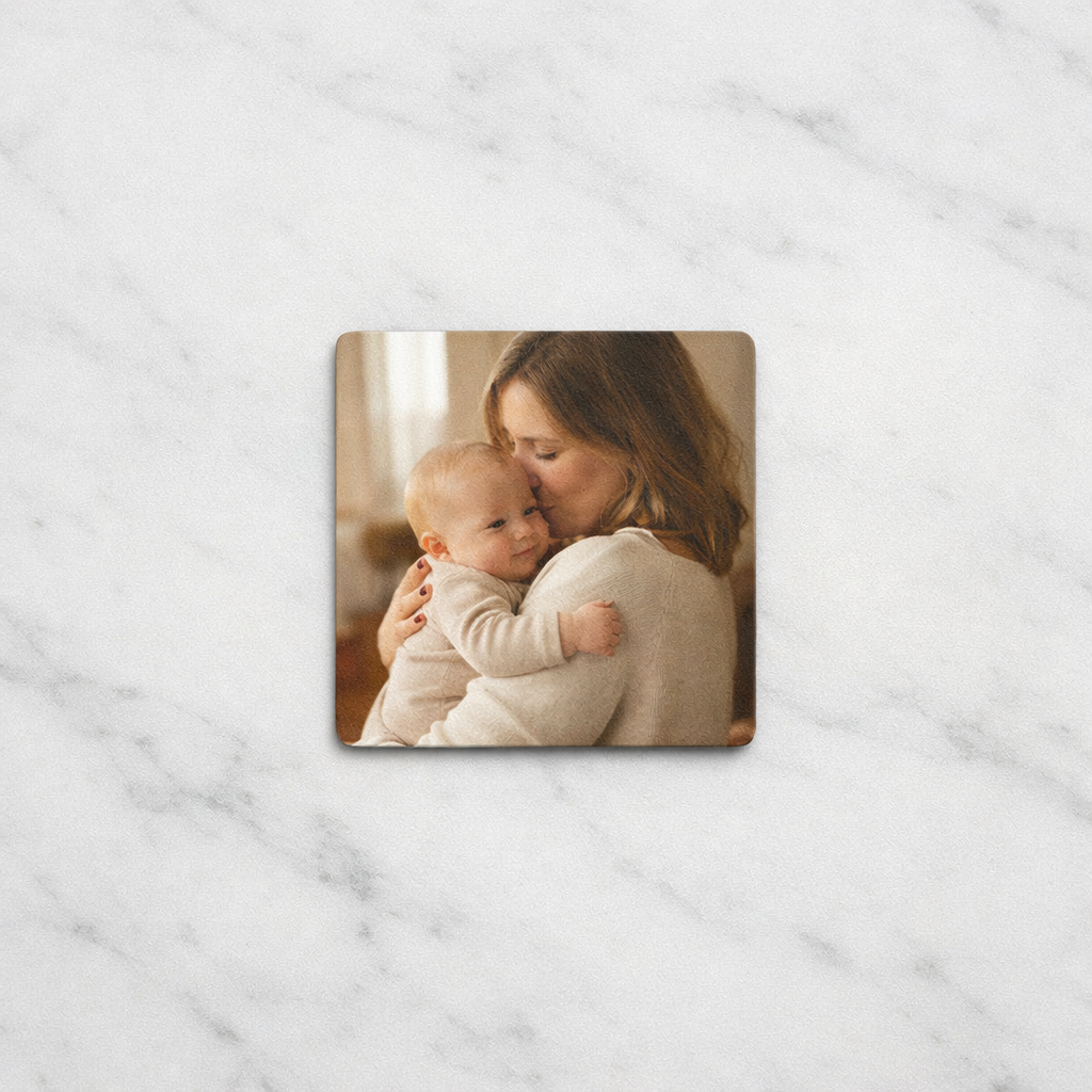Custom 2x2 photo magnet on marble background - personalized gift magnet by Magnetify