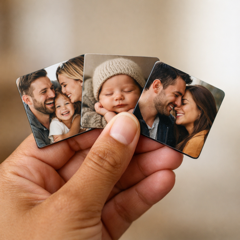 Hand holding three custom 2x2 photo magnets - family, baby, and couple photos - Magnetify