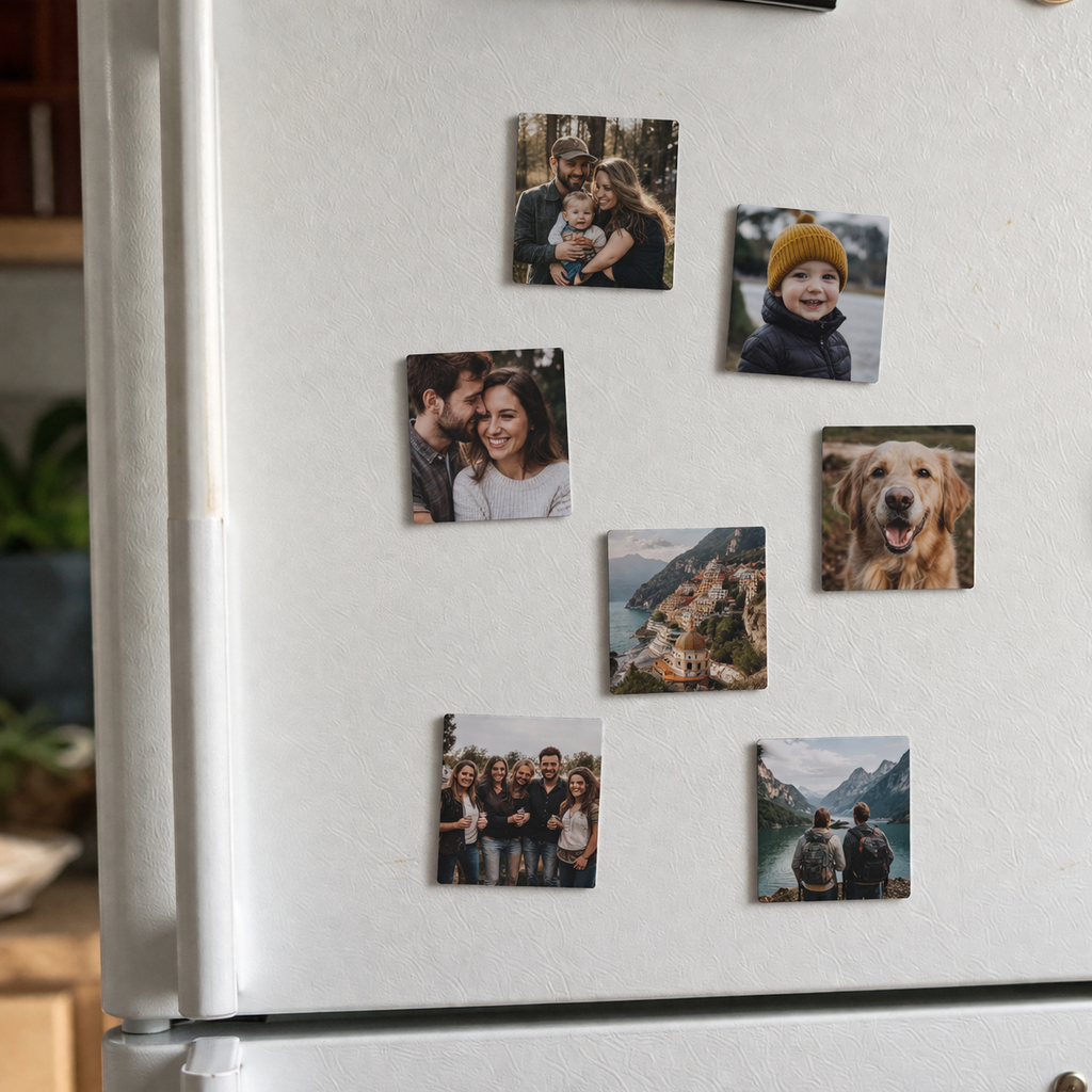 Custom 2x2 photo magnets displayed on white refrigerator - personalized fridge magnets by Magnetify