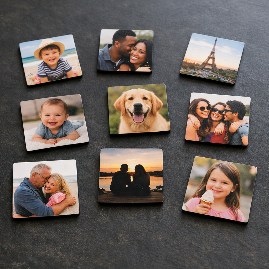 9 custom 2x2 photo magnets spread on dark slate - family photos, pet, travel, couples - Magnetify