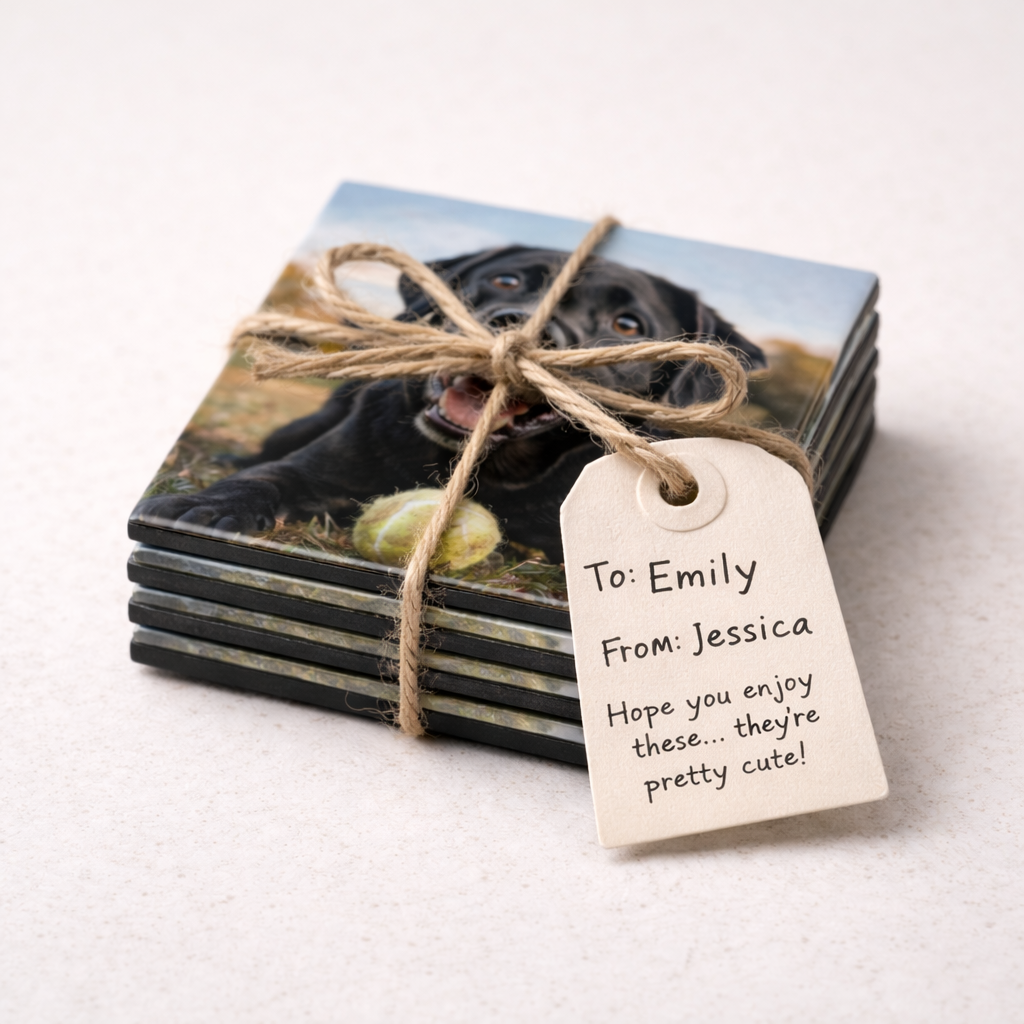 Custom 2x2 photo magnets stacked and tied with twine as a gift - personalized magnet gift set by Magnetify